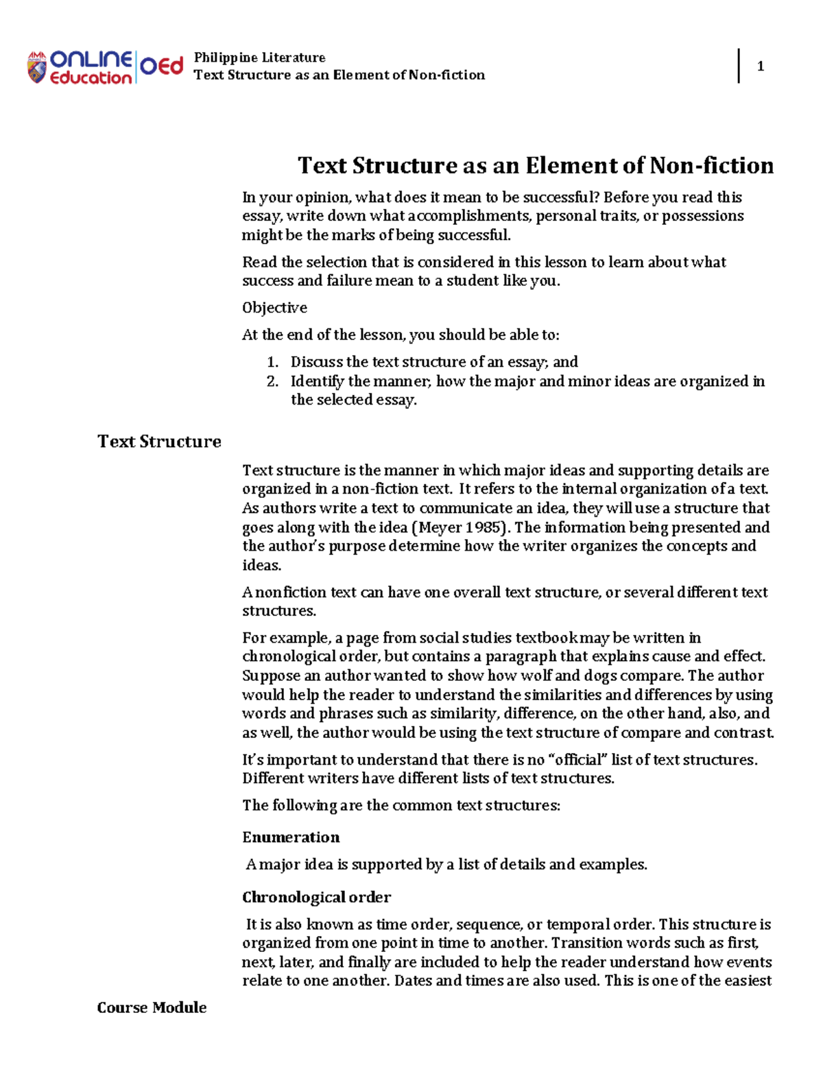 Text Structure as an Element of Non-fiction - Philippine Literature ...
