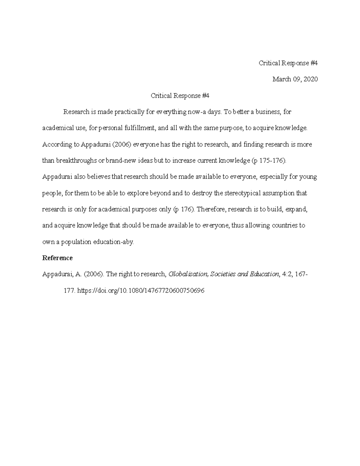 Critical Response 4 - Assignments - Critical Response # March 09, 2020 ...