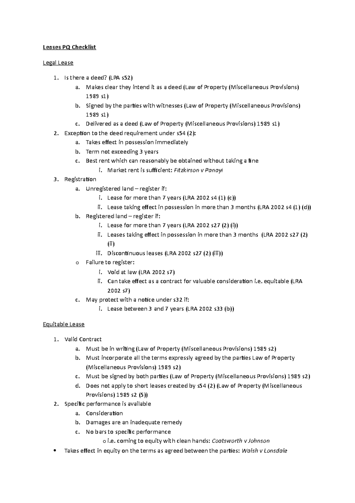 Problem Question Framework Leases - Leases PQ Checklist Legal Lease Is ...