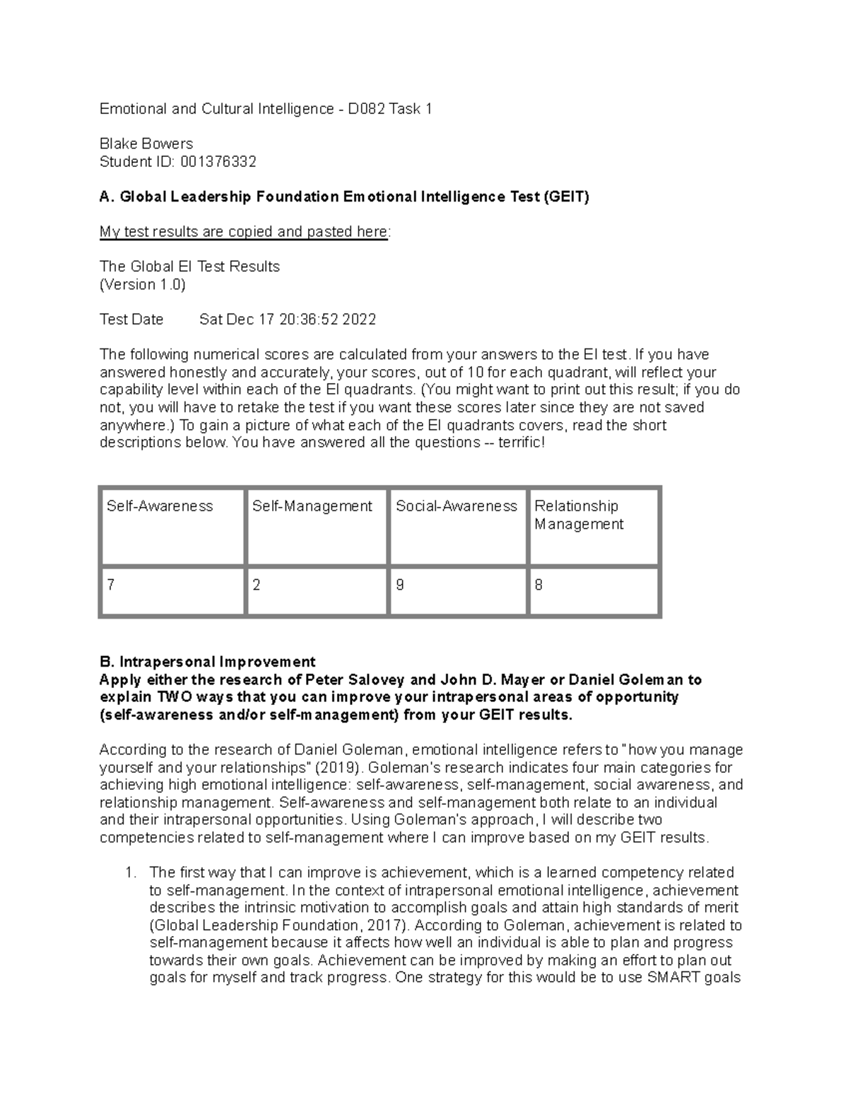 D082 Task 1 - WGU D082 Emotional And Cultural Intelligence Task 1 ...