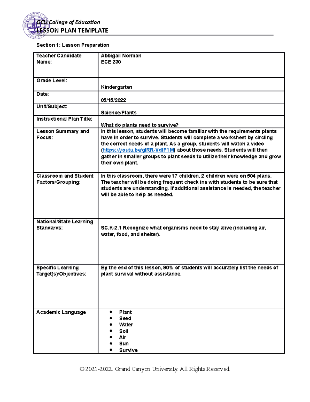 Plants Lesson Plan - n/a - LESSON PLAN TEMPLATE Section 1: Lesson ...