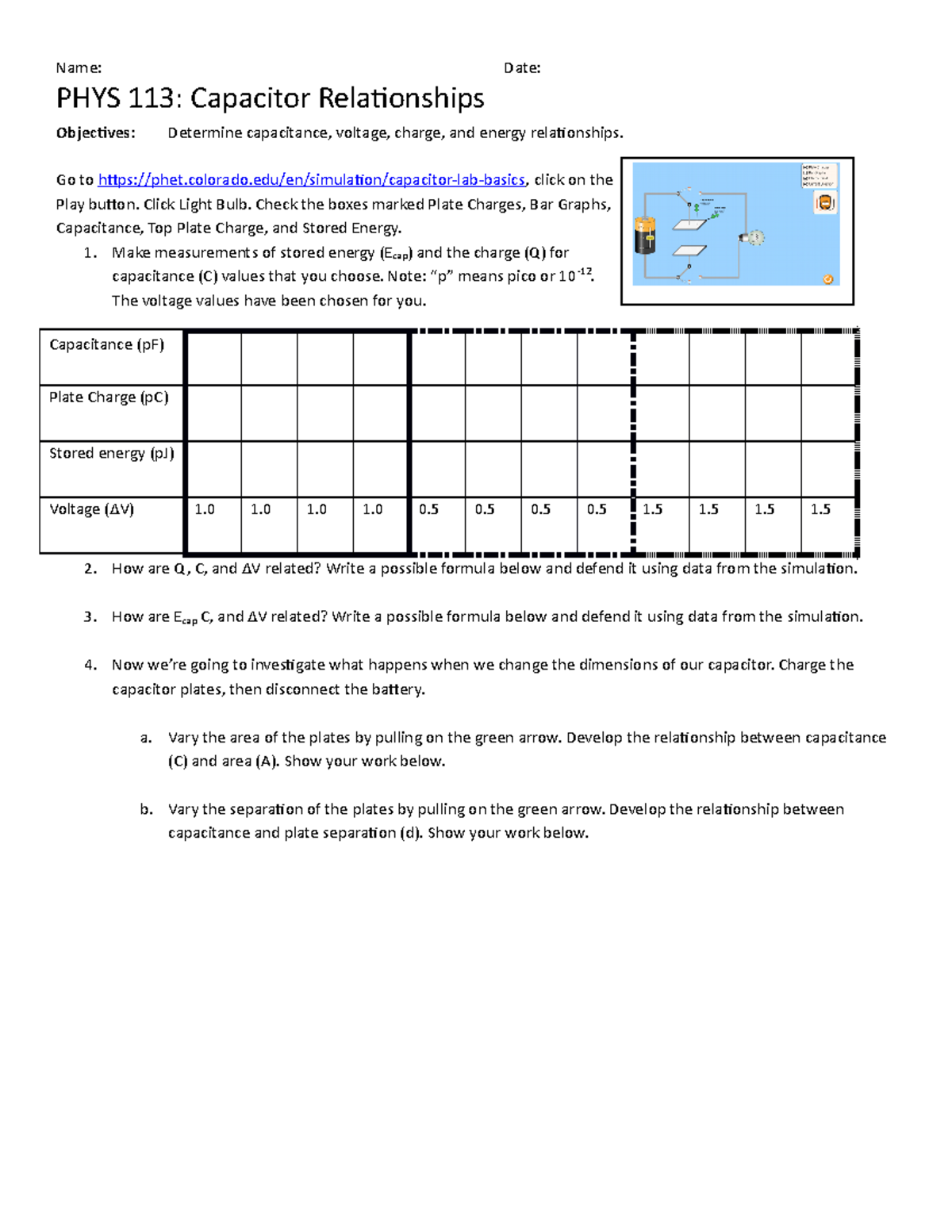 Lab+4+PHYS+113+Exploring+capacitor+relationships - Name: Date: PHYS 113 ...