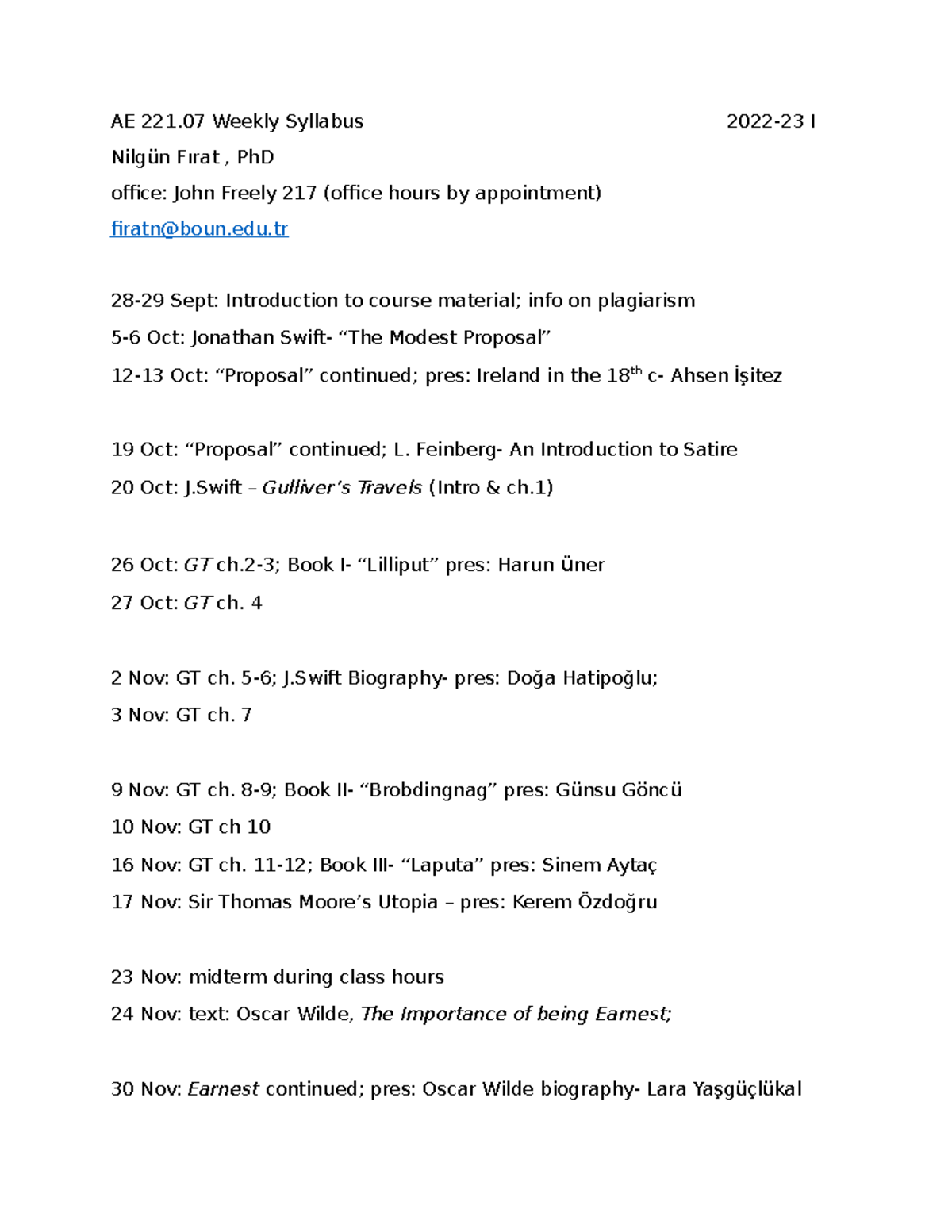 AE 221.07 weekly syllabus 2022-23 1 - AE 221 Weekly Syllabus 2022-23 I ...
