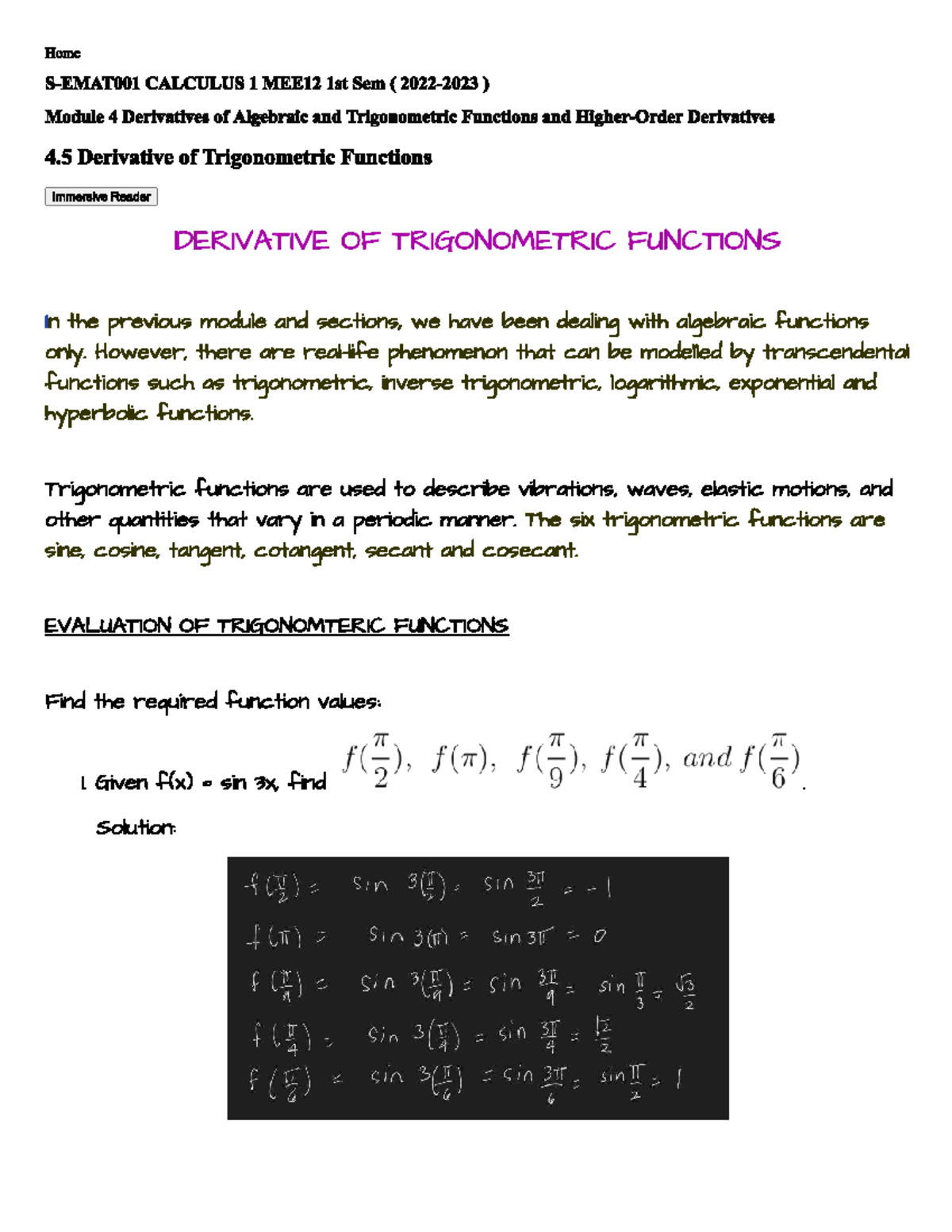 4.5 Derivative Of Trigonometric Functions - Calculus 1 - Studocu