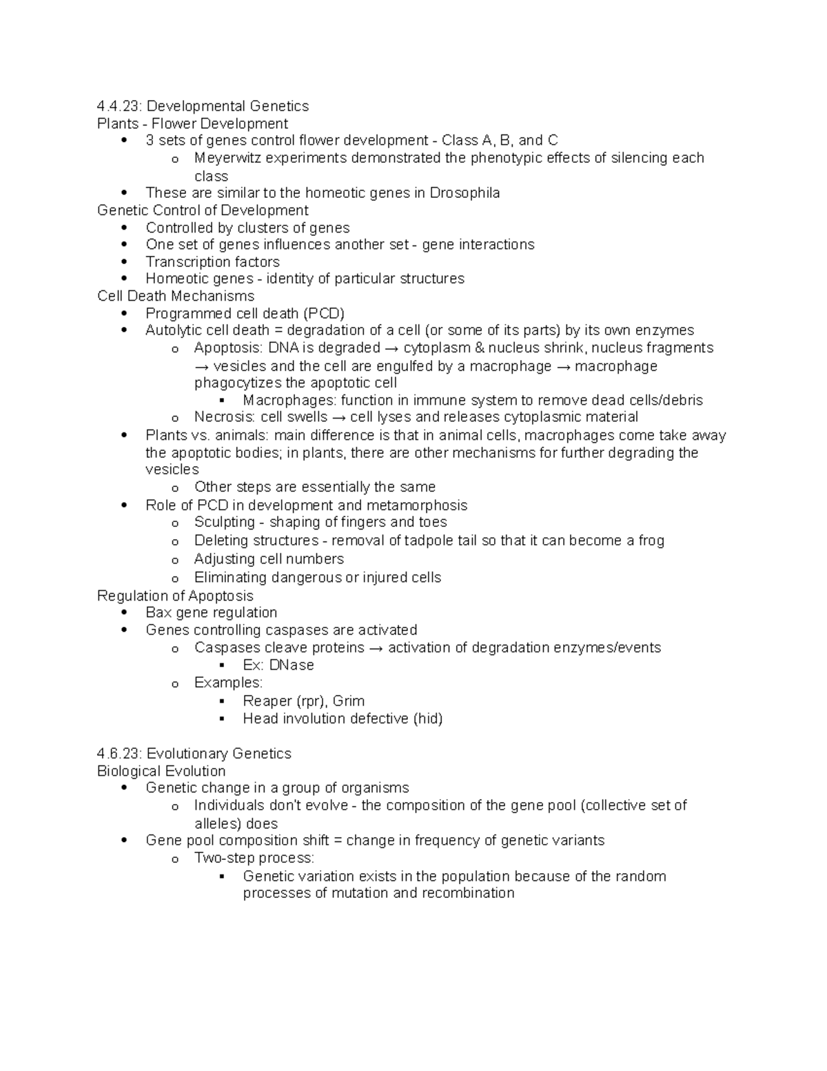 Week 13 lectures - Notes on developmental genetics, cell death ...