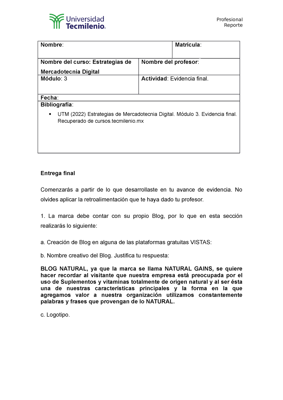 Evidencia 3 Digital Reporte Nombre Matrícula Nombre Del Curso Estrategias De