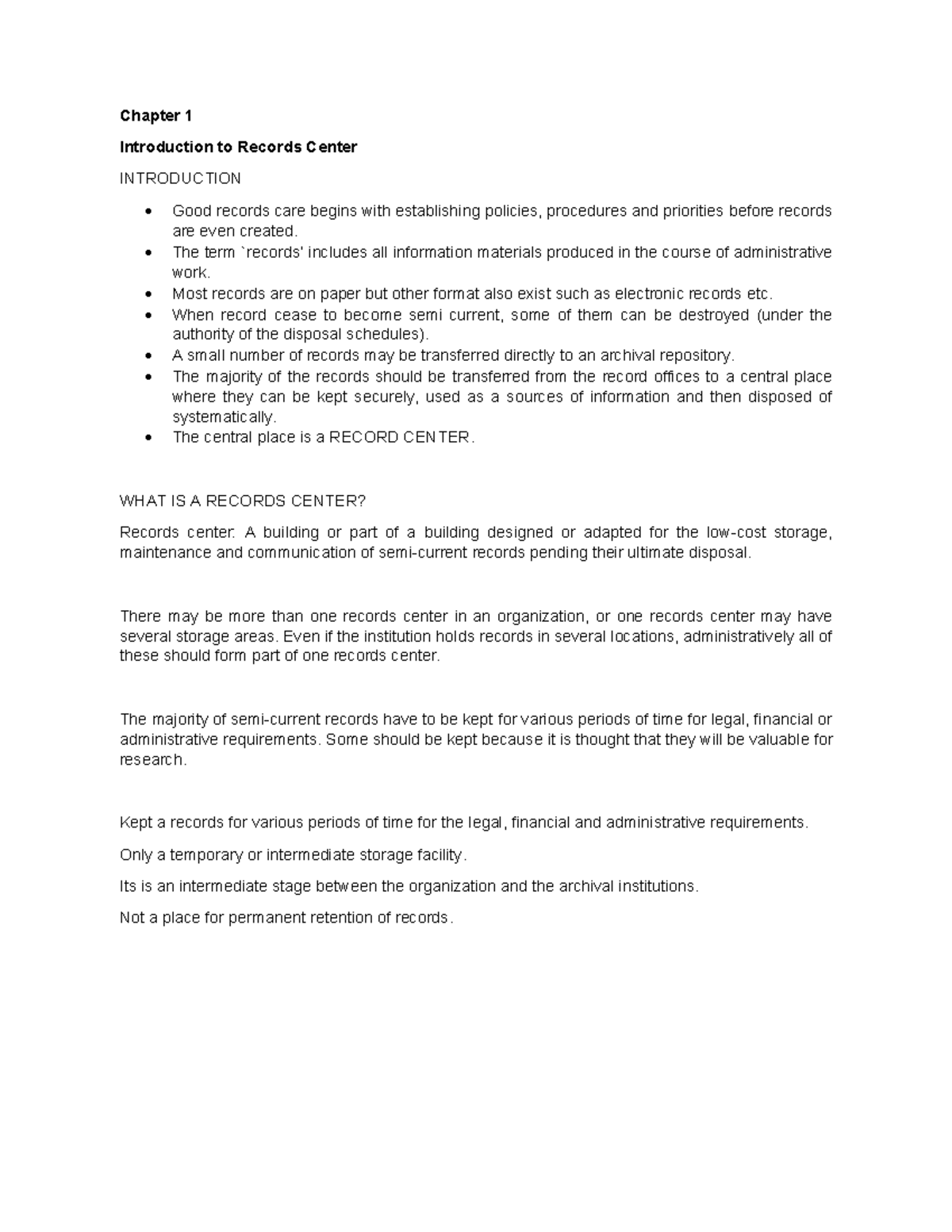 Notes IMD224 RC Management of Record Center (IMD 224) Chapter 1