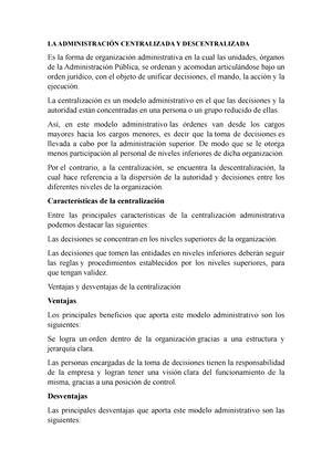 LA Administración Centralizada Y Descentralizada. derecho administrativo I  - LA ADMINISTRACIÓN - Studocu