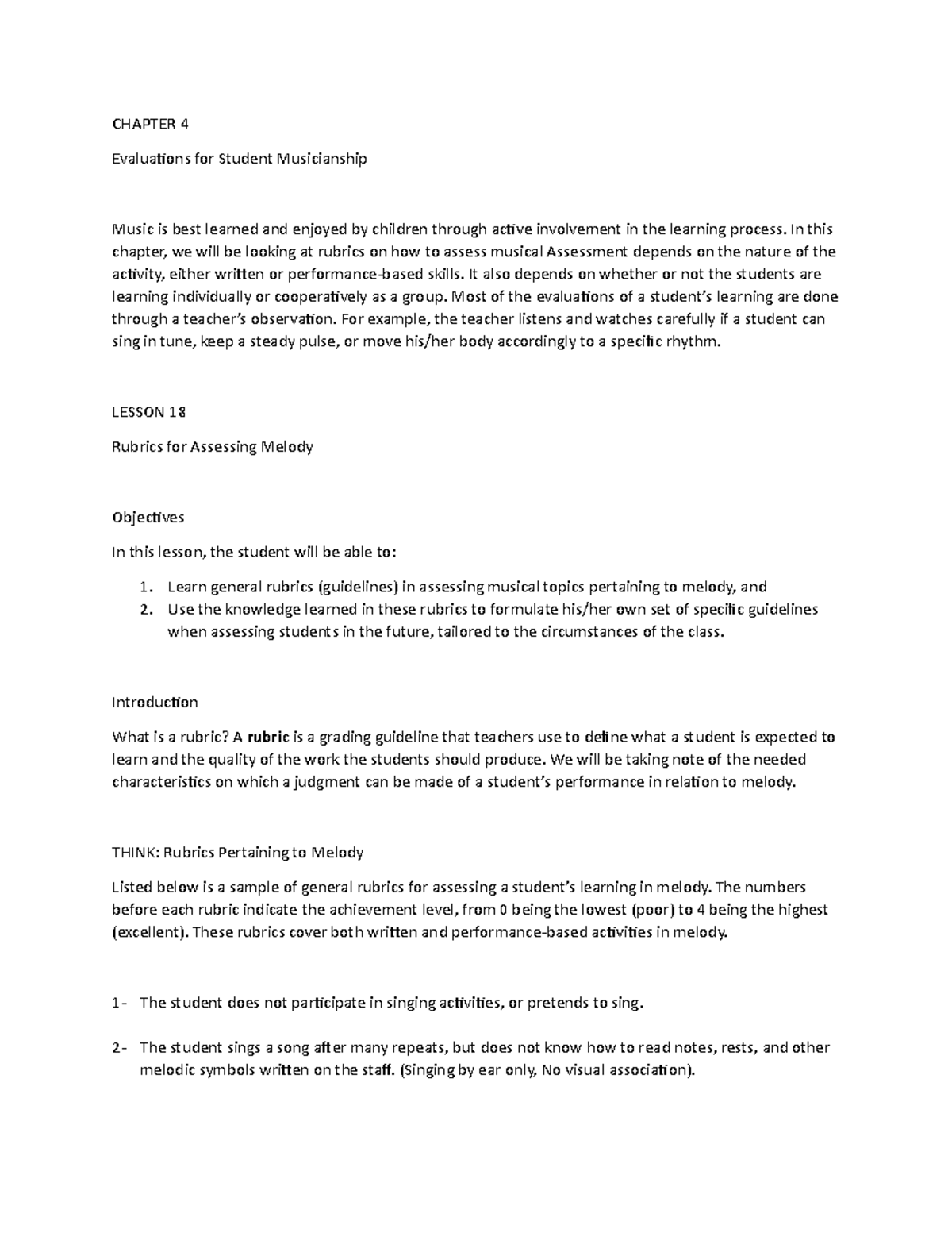 Lesson 18 Rubrics for Assessing Melody - CHAPTER 4 Evaluations for ...