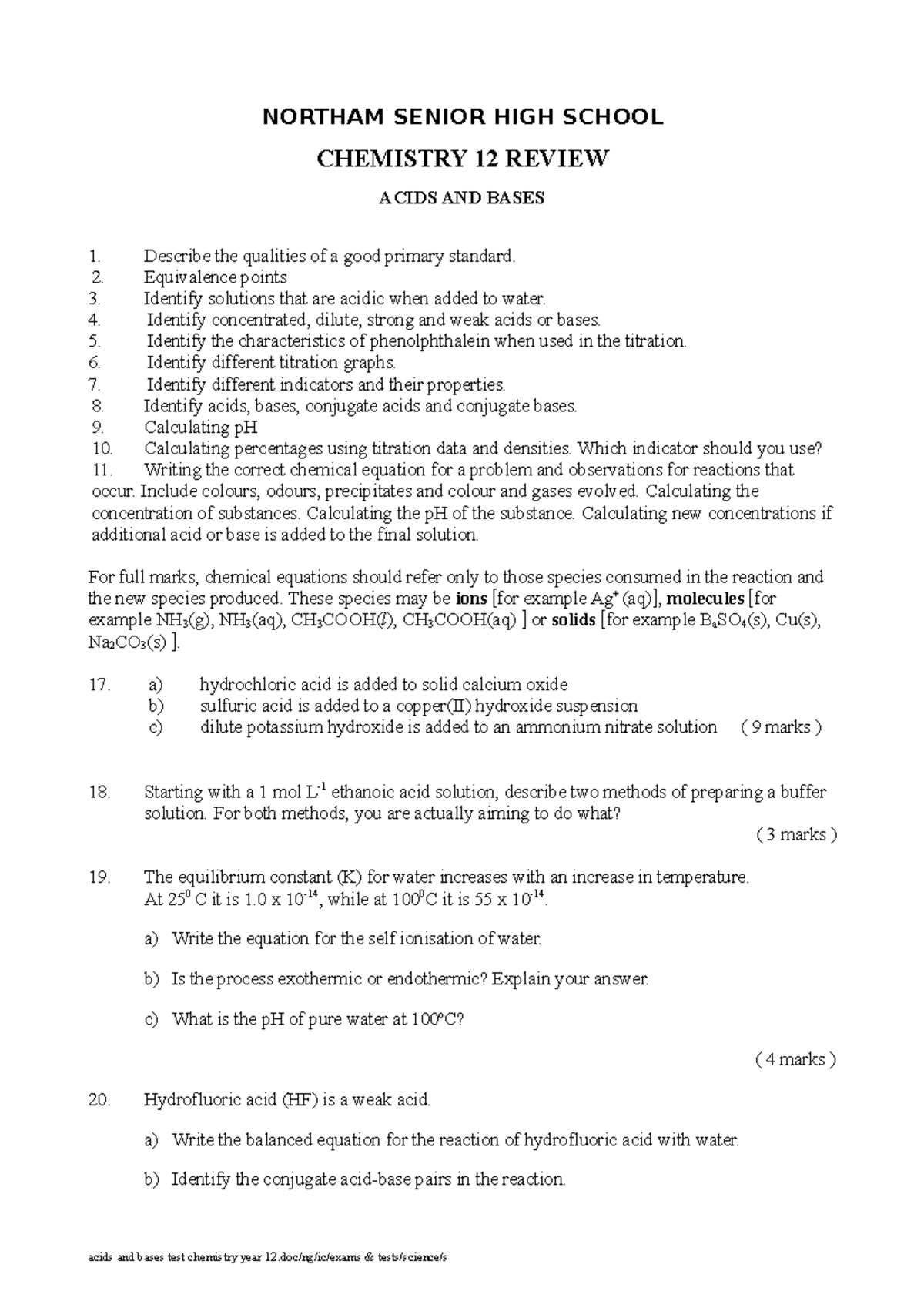 CHEM 12 Acids and Bases TEST NORTHAM SENIOR HIGH SCHOOL CHEMISTRY 12