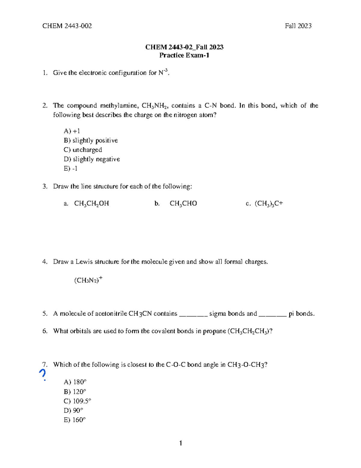 Orgo exam 1 practice paper - CHEM 2443-02_Fall 202 3 Practice Exam ...