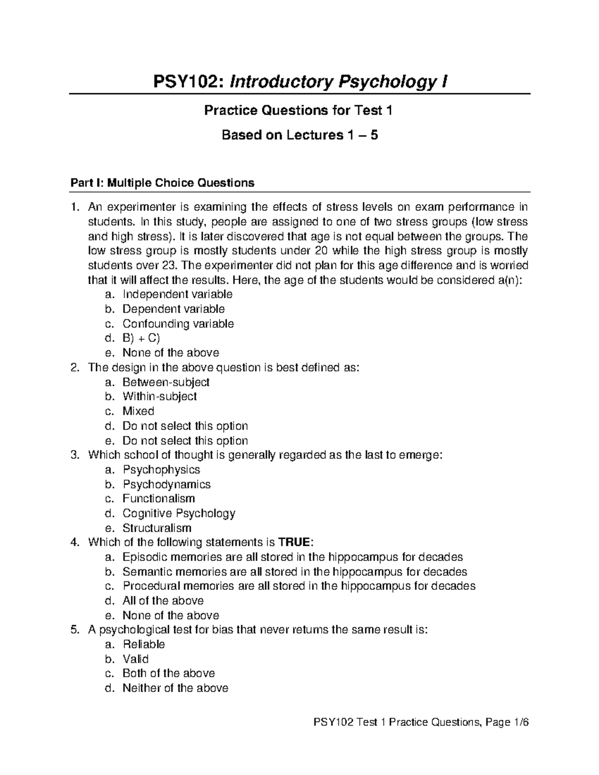 Test 1 Practice Questions - PSY102: Introductory Psychology I Practice ...