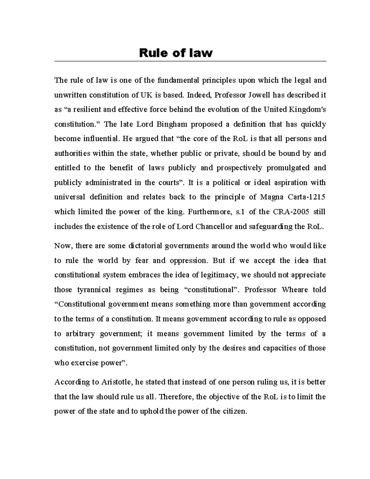 Rule of Law mohit - full lacture note - Rule of law The rule of law is ...