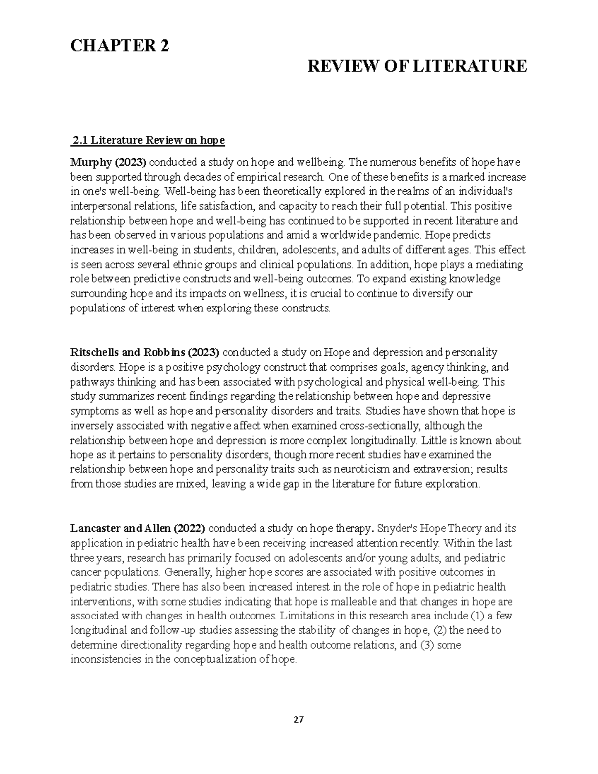 LR - hello - CHAPTER 2 REVIEW OF LITERATURE 2 Literature Review on hope ...