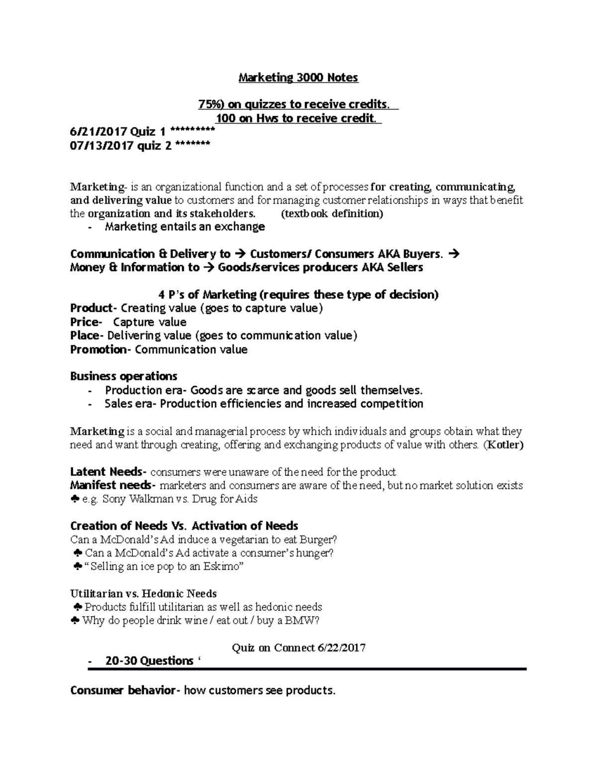 Marketing 3000 Notes - Marketing 3000 Notes 75%) on quizzes to receive ...