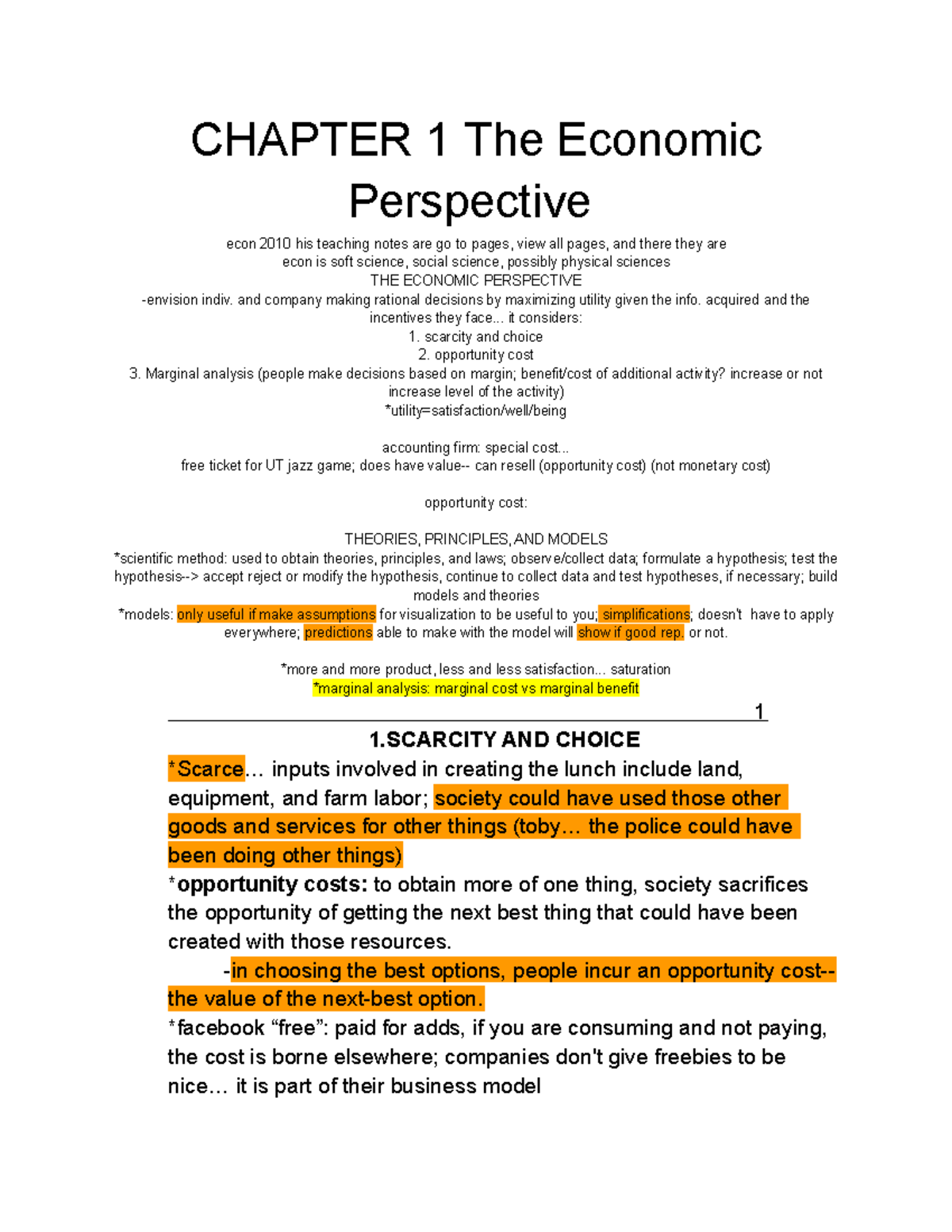 Econ 2010 Notes - CHAPTER 1 The Economic Perspective Econ 2010 His ...