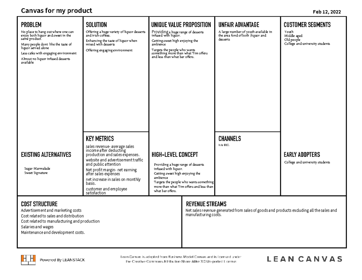 Lean canvas introduction to new product - Canvas for my product Feb 12 ...