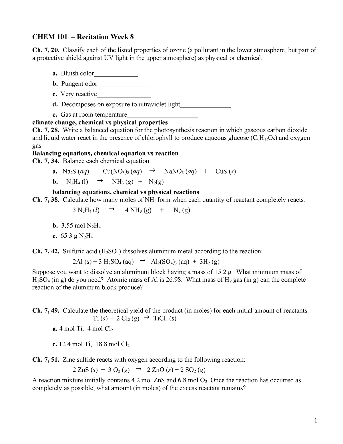 Week 8 - muji - CHEM 101 – Recitation Week 8 Ch. 7, 20. Classify each ...