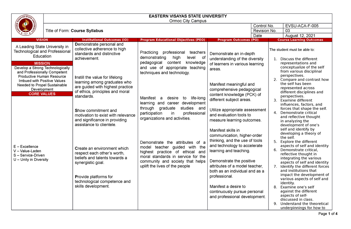 Understanding THE SELF Syllabus BEED - EASTERN VISAYAS STATE UNIVERSITY ...