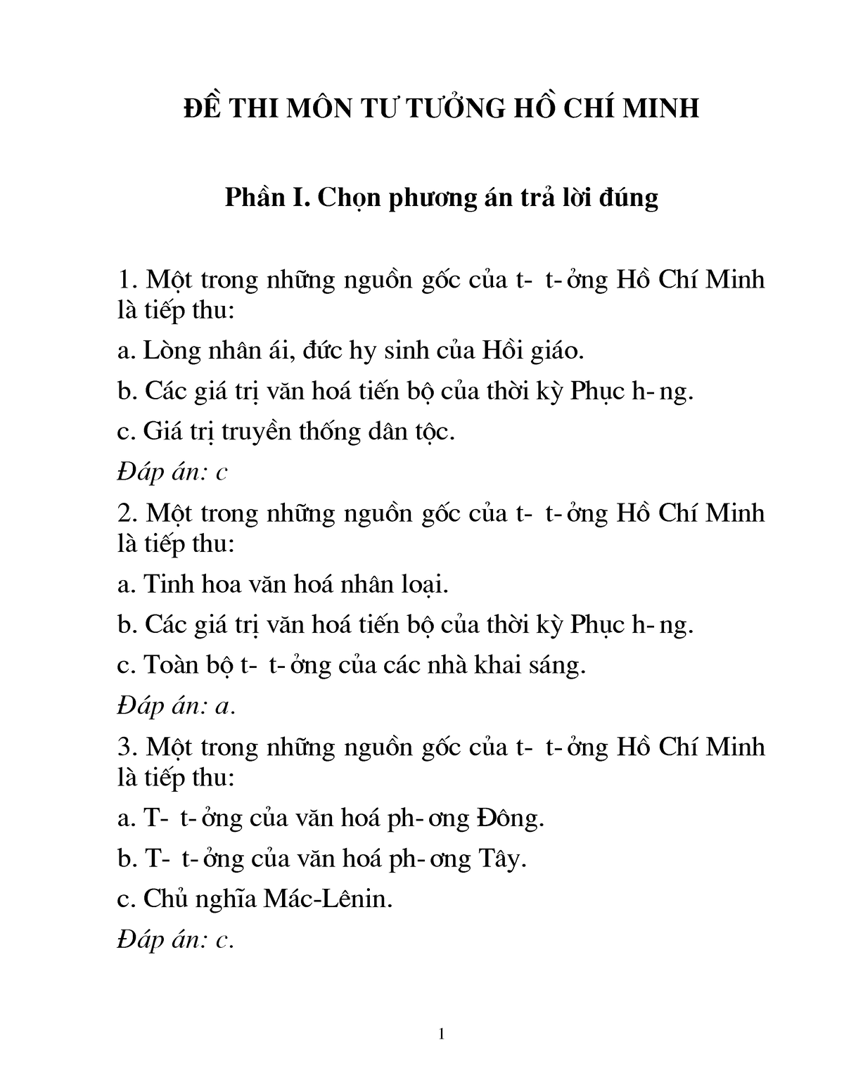 Trăc-nghiệm- Tthcm - Jvhf - ß“ THI M ́n T≠ T≠Îng HÂ Ch› Minh Ph«n I. Ch ...