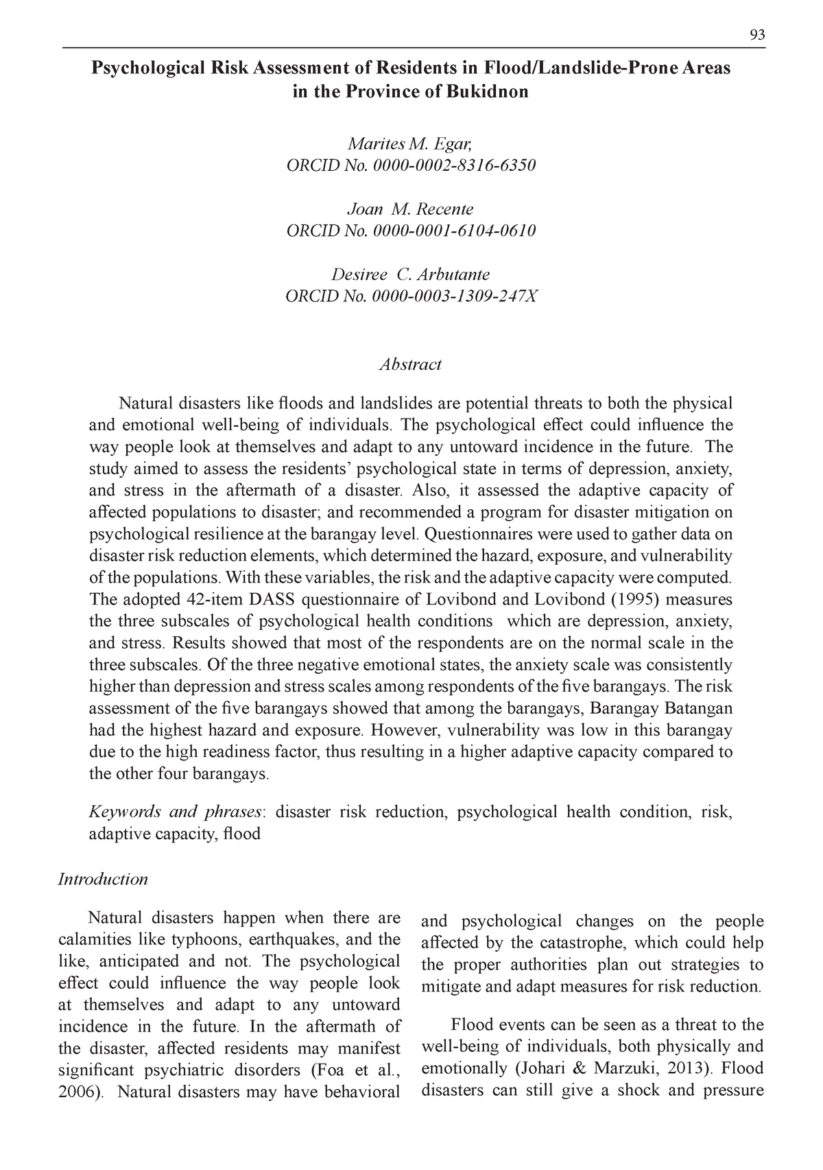 Psychological Risk Assessment Of Residents In Flood Landslide - 93 