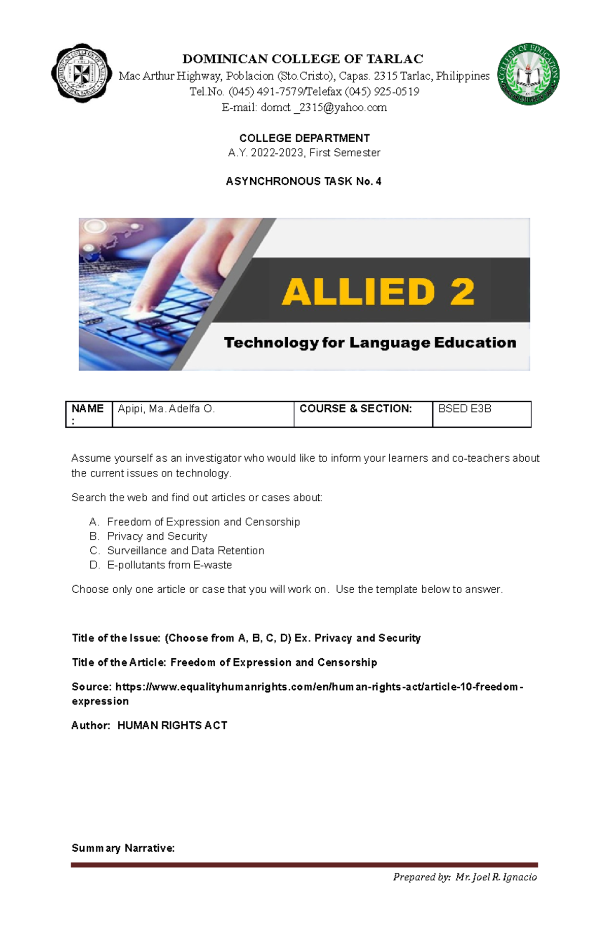 Allied 2 Asynchronous Task No - DOMINICAN COLLEGE OF TARLAC Mac Arthur ...