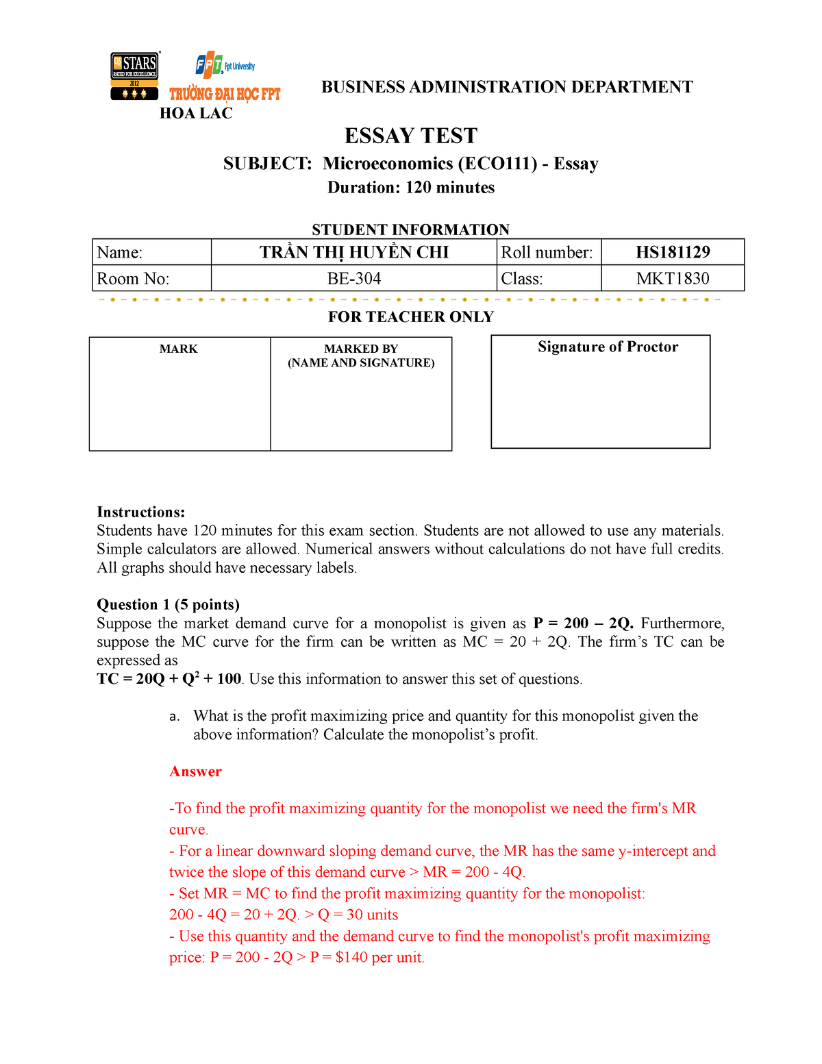 ECO111 Essay-Test Fall2023 - HOA LAC BUSINESS ADMINISTRATION DEPARTMENT ...