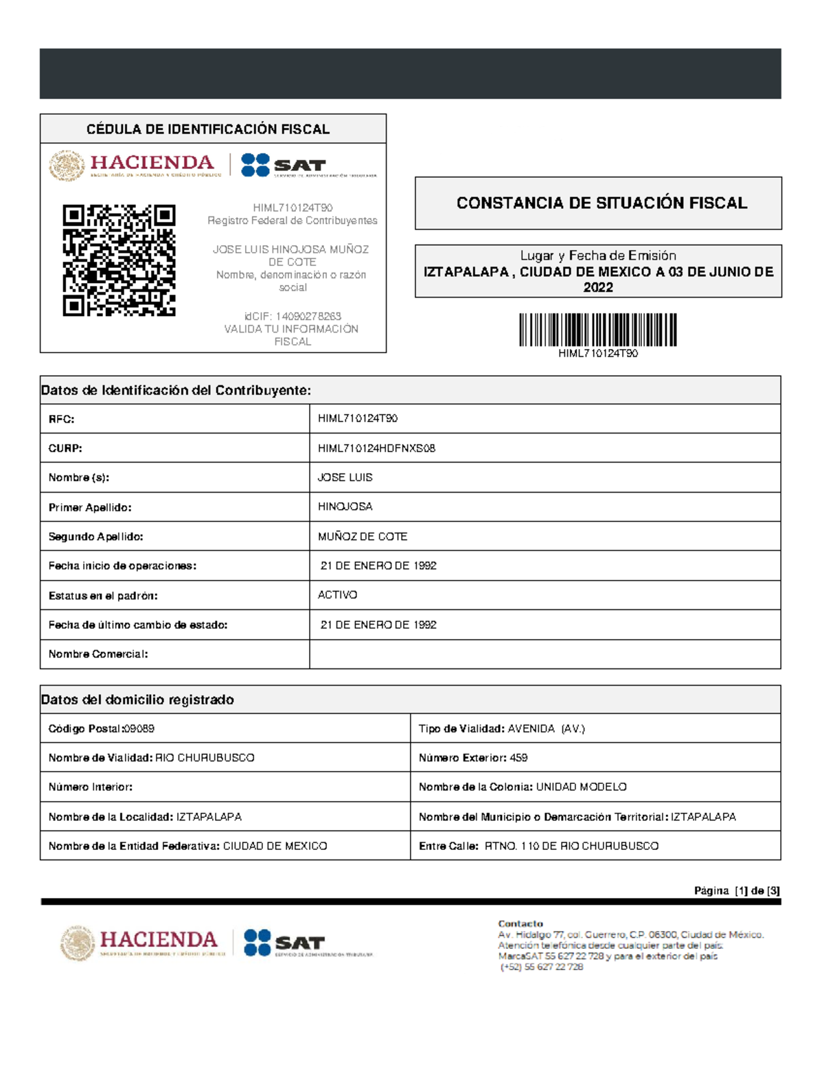 Constancia de sit fiscal 030622 HIML (2) - Página [1] de [3] CÉDULA DE ...