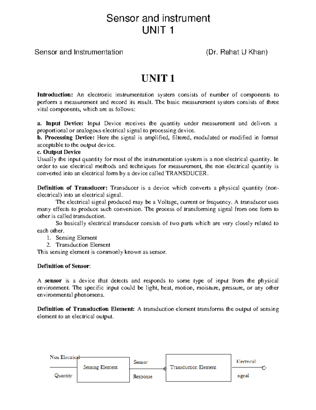 Sensor and instrument unit 1 notes UNIT 1 Sensor and Instrumentation