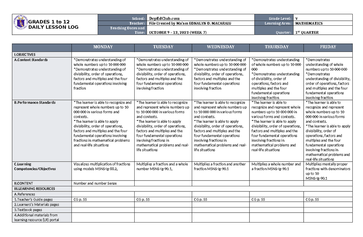 DLL Mathematics 5 Q1 W7 - LESSON PLAN FOR FUTURE USE - GRADES 1 to 12 ...