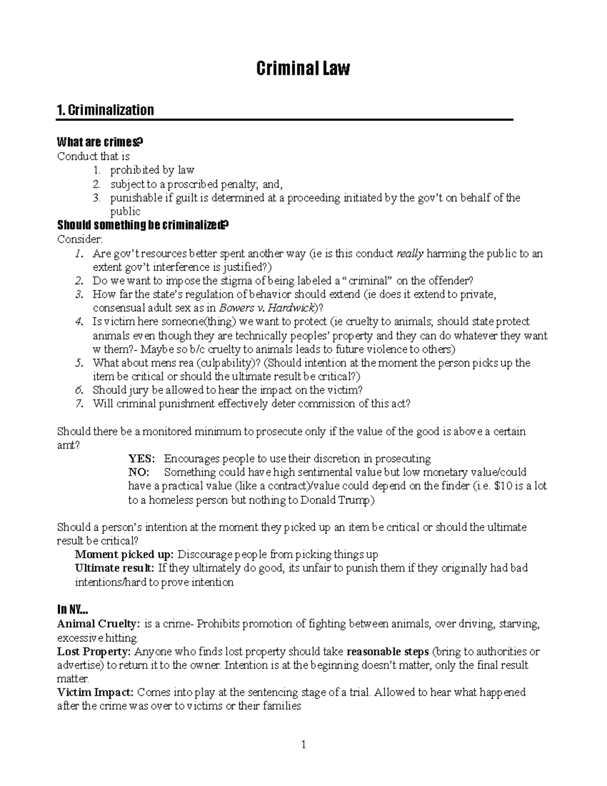 Criminal Law Outline - 2 - Criminal Law 1. Criminalization What Are ...