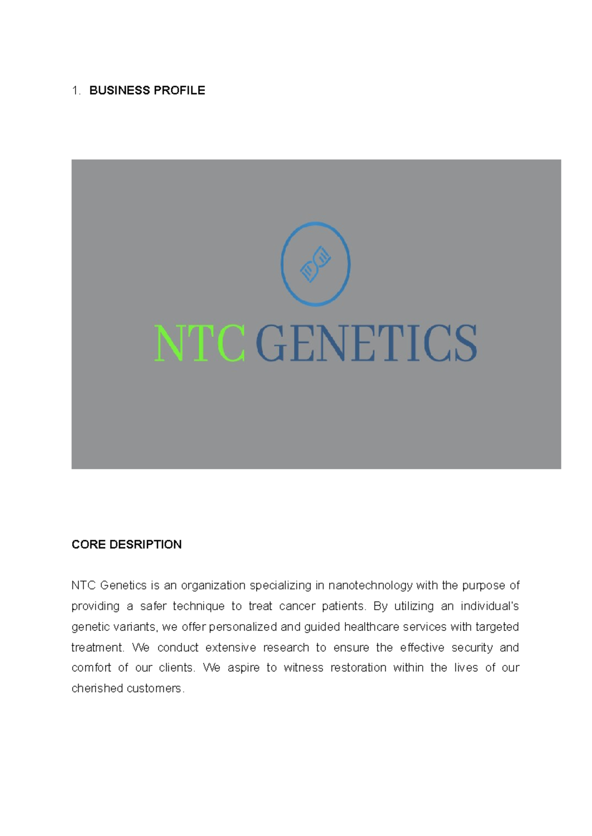 NTC Genetics- KOB Training Manual Group 67 - KOB 281 - 1. BUSINESS ...