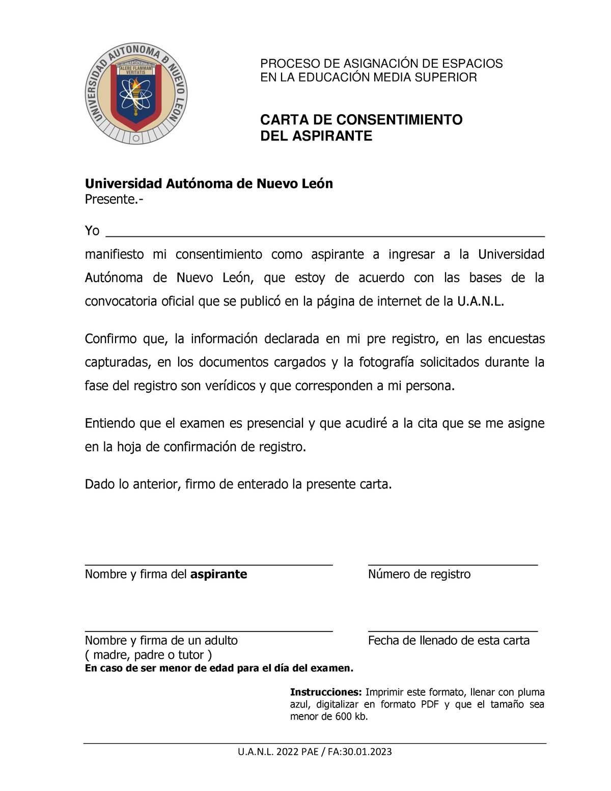 Carta De Consentimiento Del Aspirante Pae Uanl 2023 V1 Proceso De AsignaciÓn De Espacios En La 4985