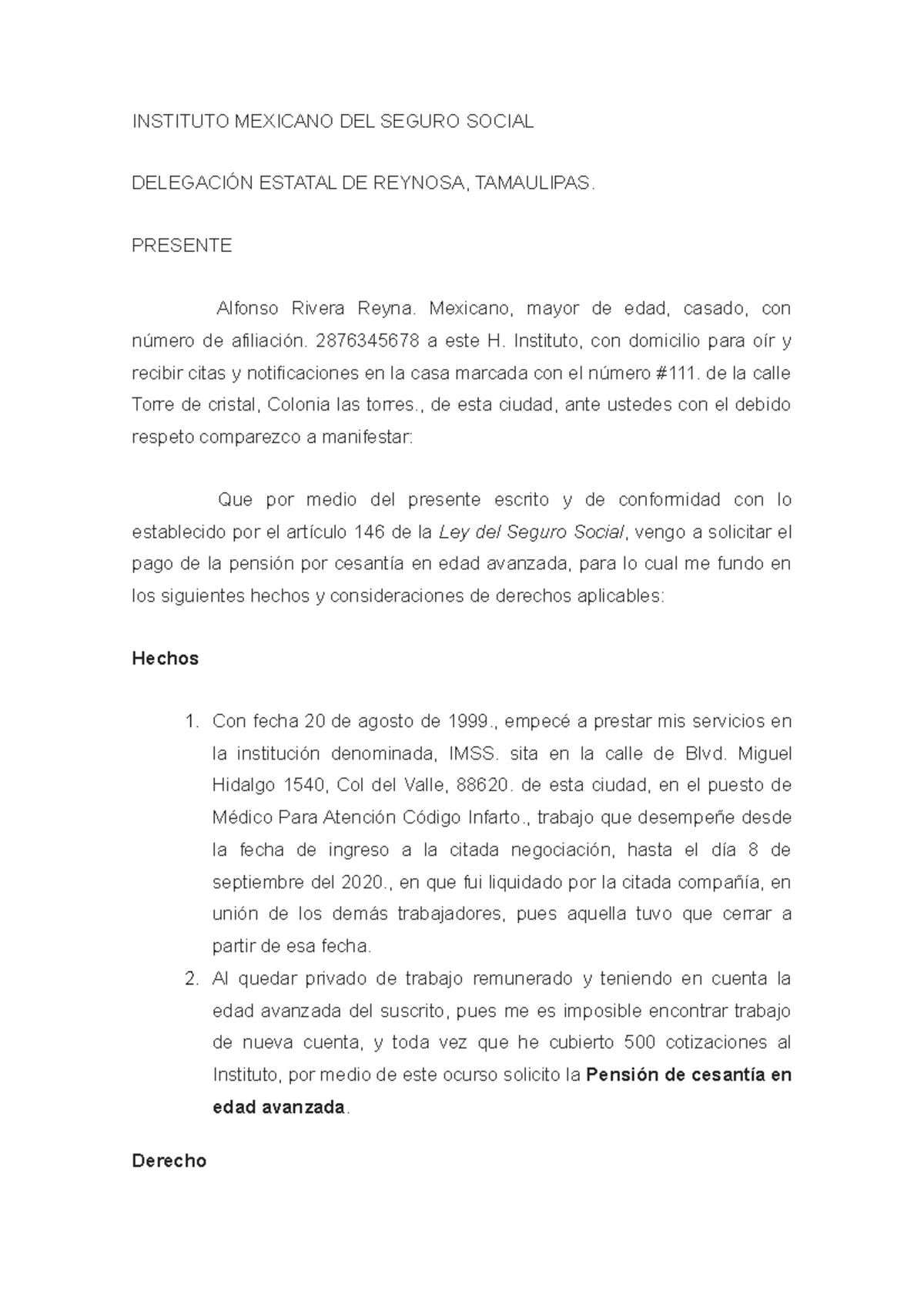 Demanda Contra EL IMSS POR Pension Cesantia - INSTITUTO MEXICANO DEL SEGURO  SOCIAL DELEGACIÓN - Studocu