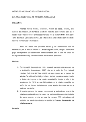 Demanda Contra EL IMSS POR Pension Cesantia - INSTITUTO MEXICANO DEL SEGURO  SOCIAL DELEGACIÓN - Studocu