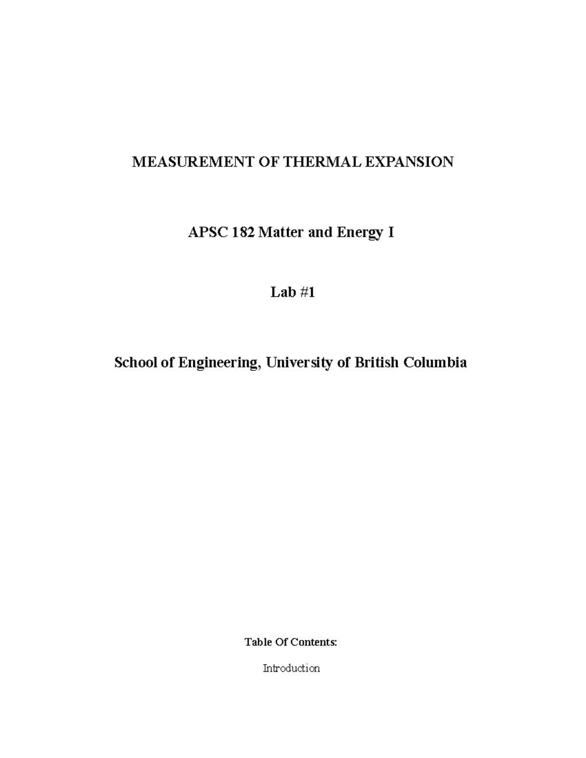 182 LAB First 182 Lab MEASUREMENT OF THERMAL EXPANSION APSC 182