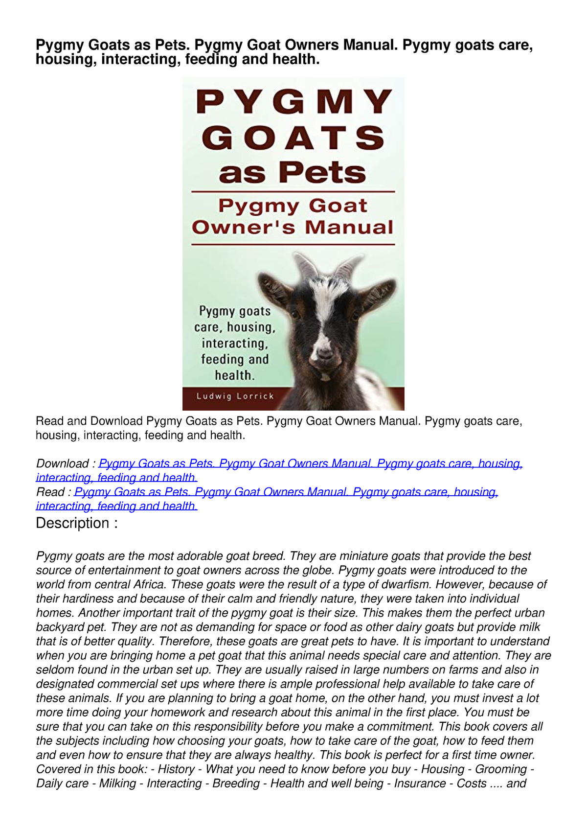 DOWNLOAD/PDF Pygmy Goats As Pets. Pygmy Goat Owners Manual. Pygmy Goats ...