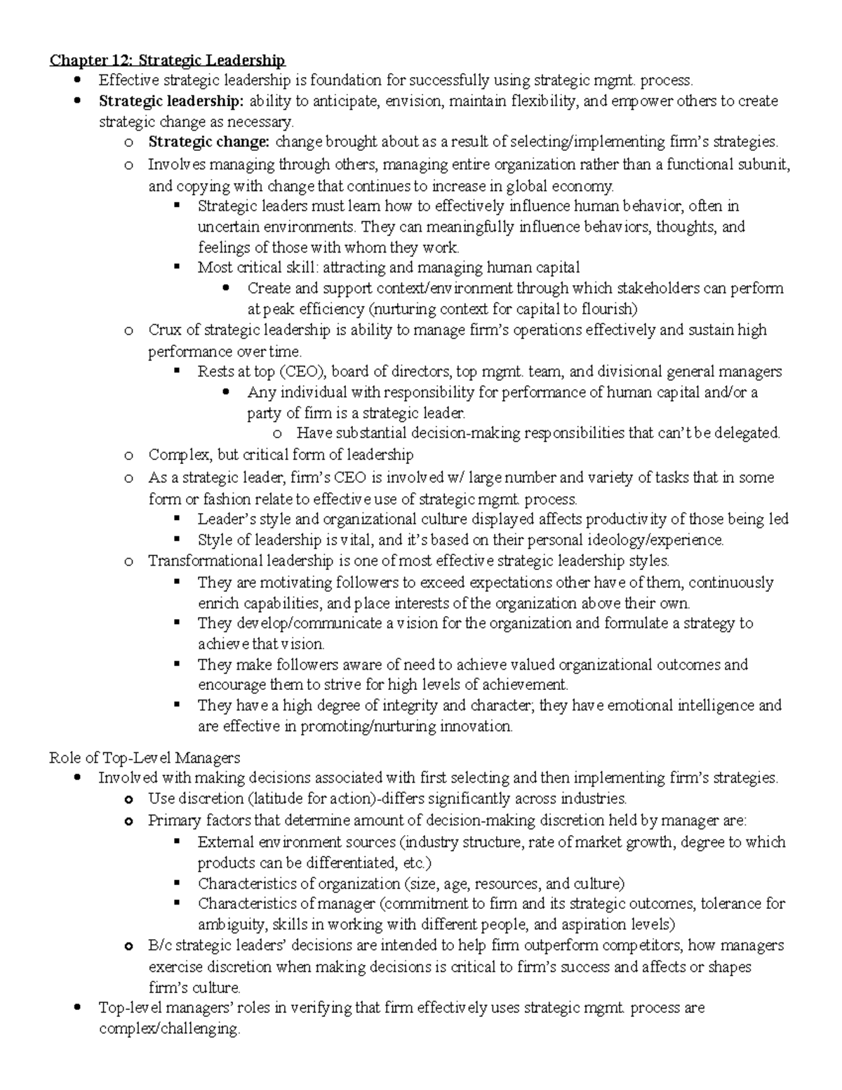 Chapter 12 Strategic Leadership Notes - Chapter 12: Strategic ...