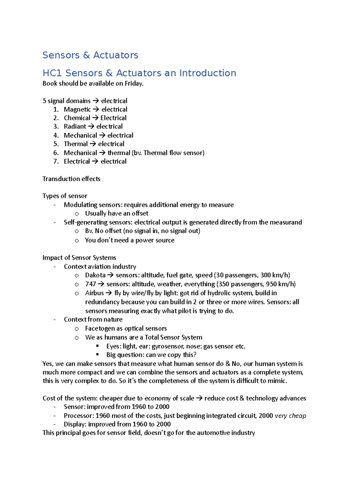 Sensors and actuators lectures 2021/2022 Sensors & Actuators HC1