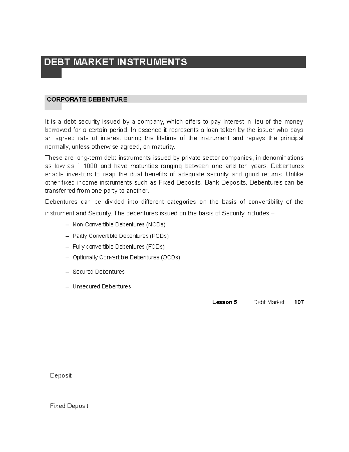 DEBT Market Instruments - DEBT MARKET INSTRUMENTS CORPORATE DEBENTURE ...