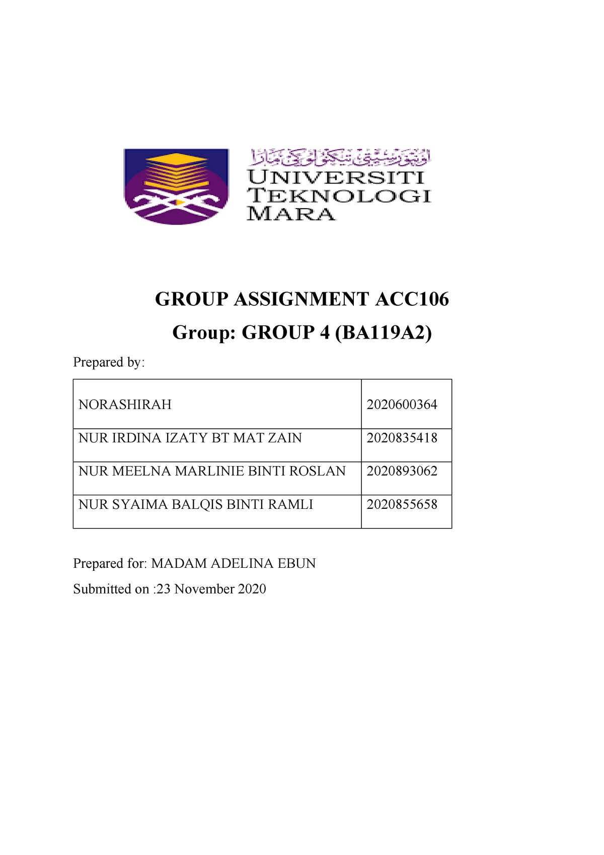 Group 4 Acc - GROUP ASSIGNMENT ACC Group: GROUP 4 (BA119A2) Prepared By ...