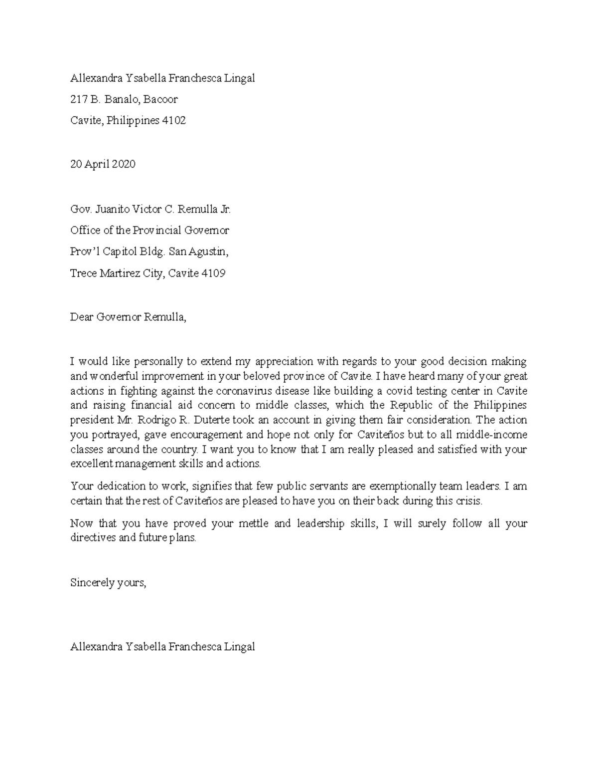 Letter for Governor - Grade: 100 - Allexandra Ysabella Franchesca ...