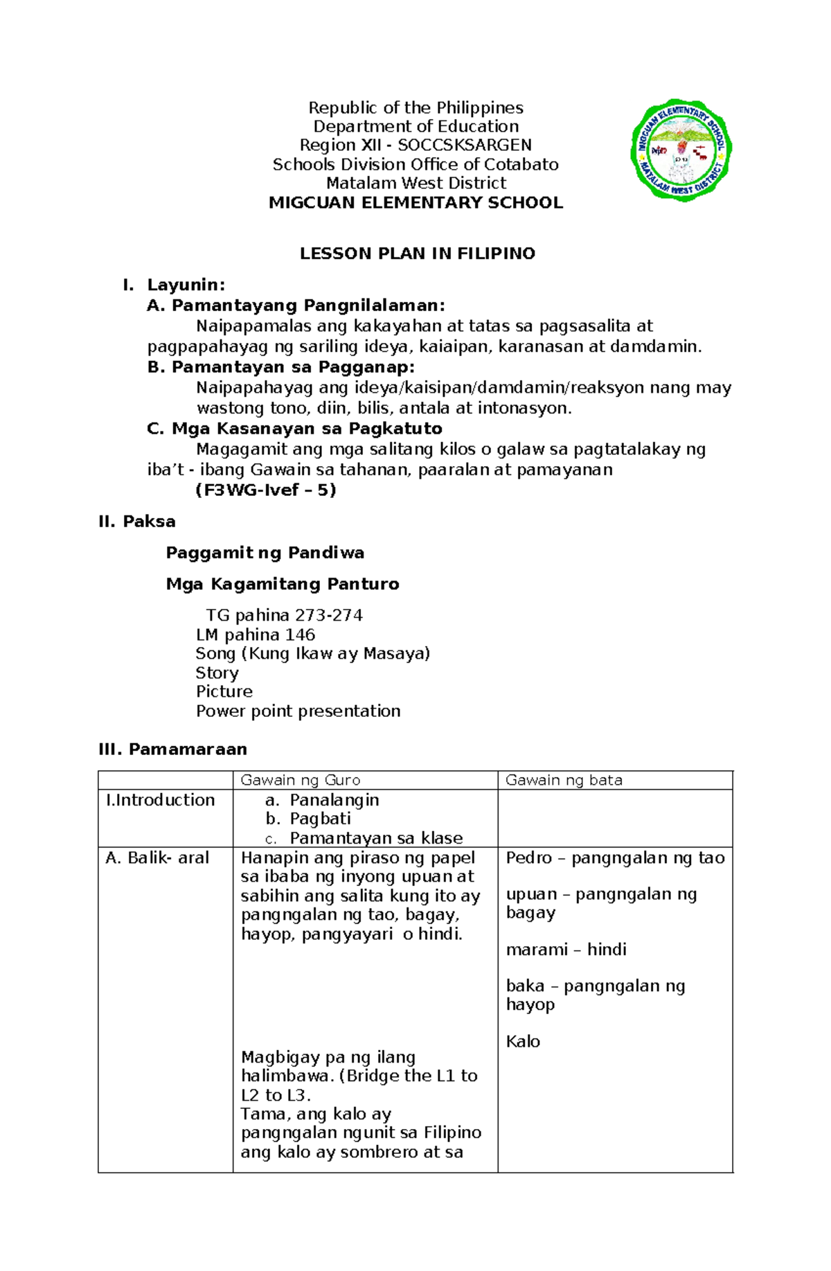 School Demo Teaching Lesson Plan In Filipino Copy Copy Republic Of The Philippines 5855