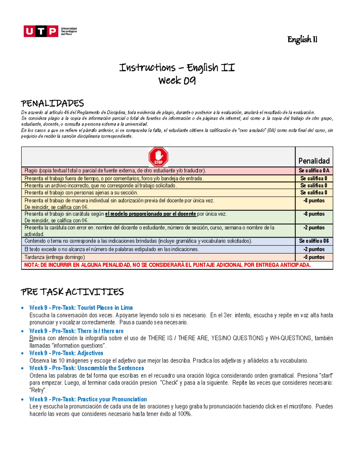 Week 09 - Indicaciones en español para el alumno - Inglés 2 - English ...