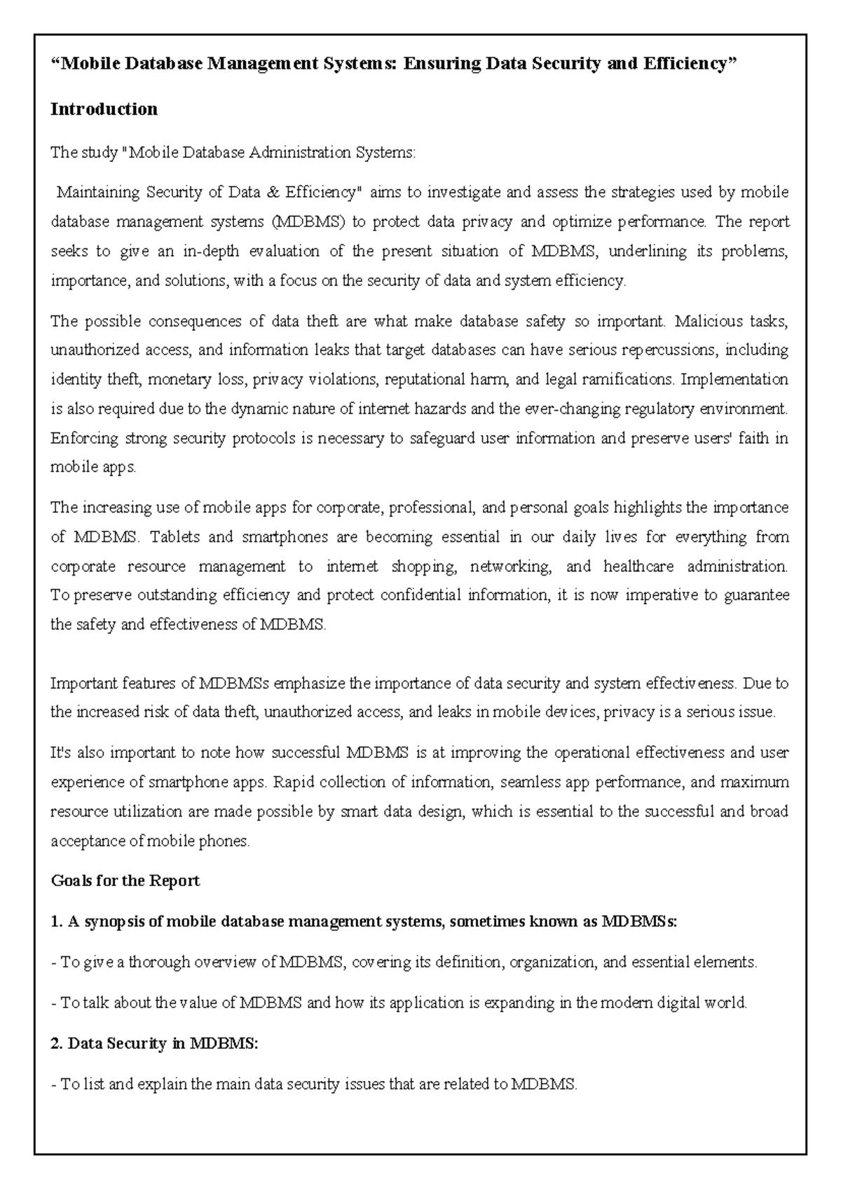 Mobile Database Management Systems 5 - The report seeks to give an in ...