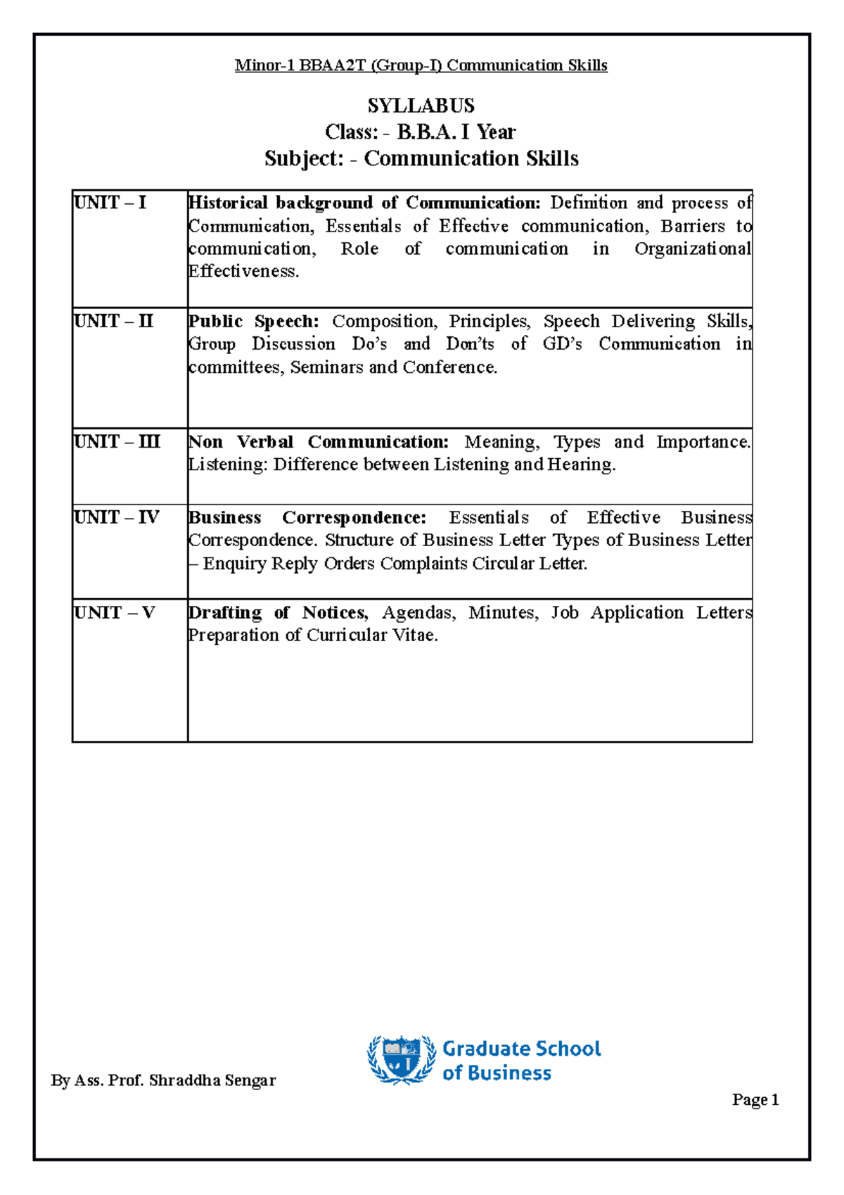 BBA 1st Year-Communication Skills Notes (NEP)-Prof. Shraddha Sengar -  Minor-1 BBAA2T (Group-I) - Studocu