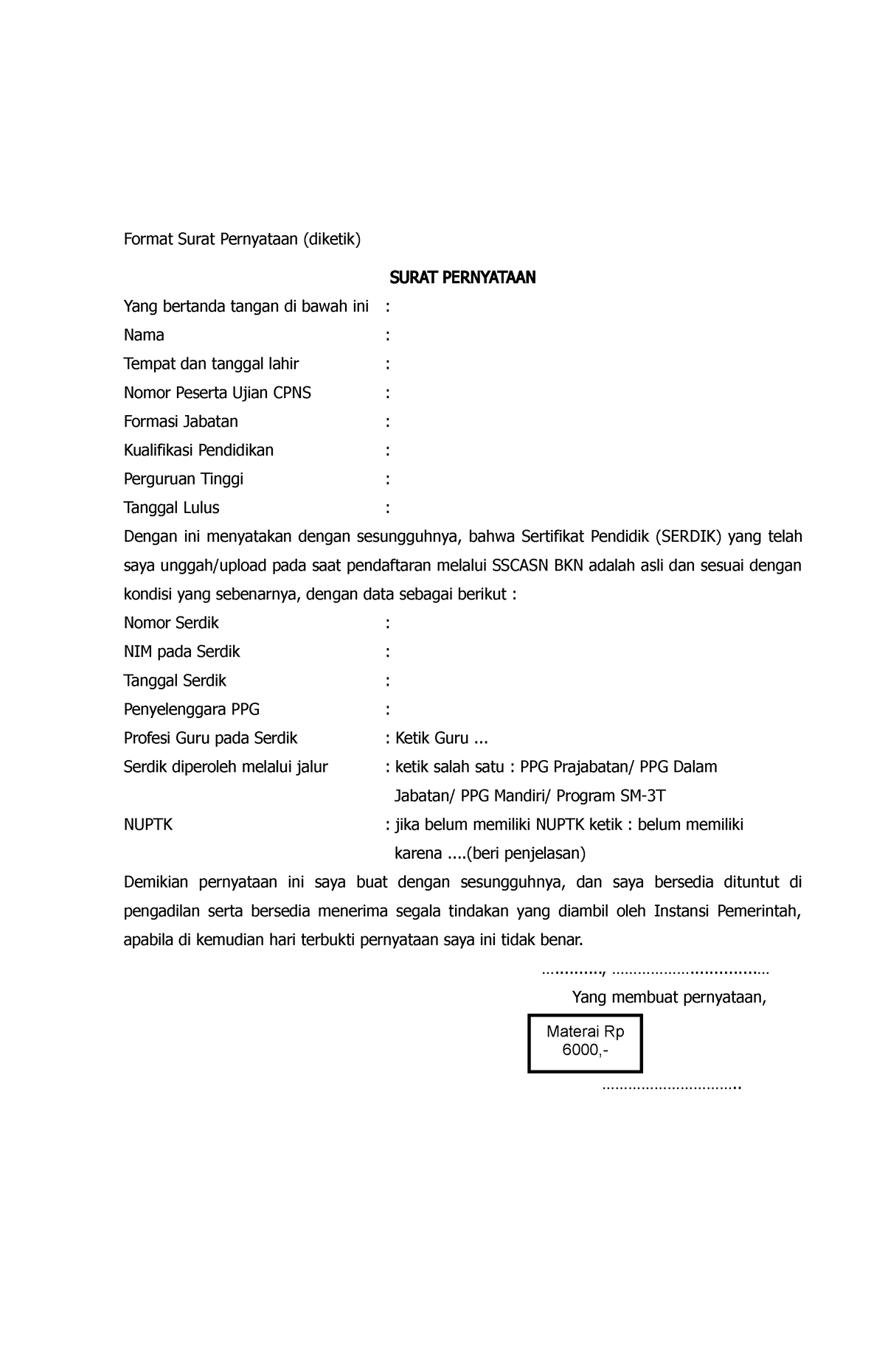 Surat Pernyataan Sertifikat Pendidik Format Surat Pernyataan Diketik Surat Pernyataan Yang