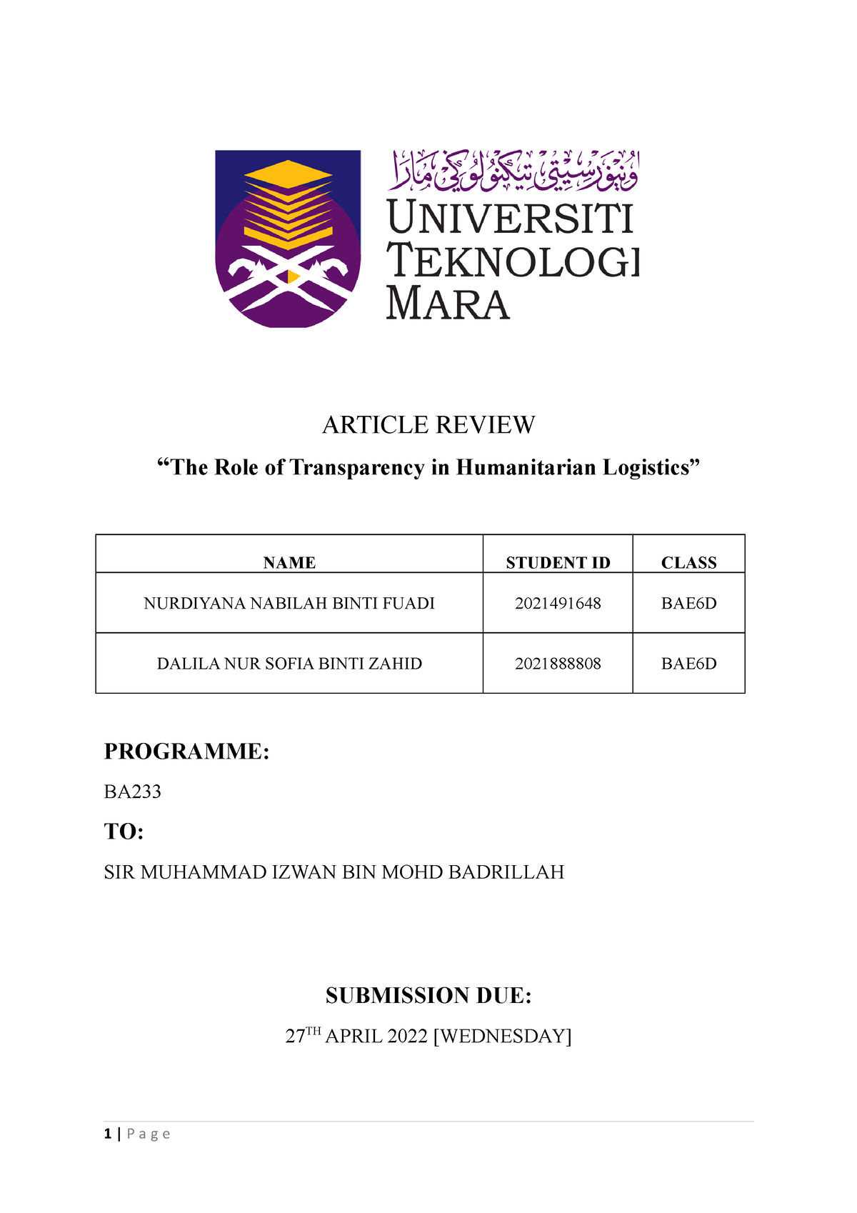 article review on humanitarian logistics