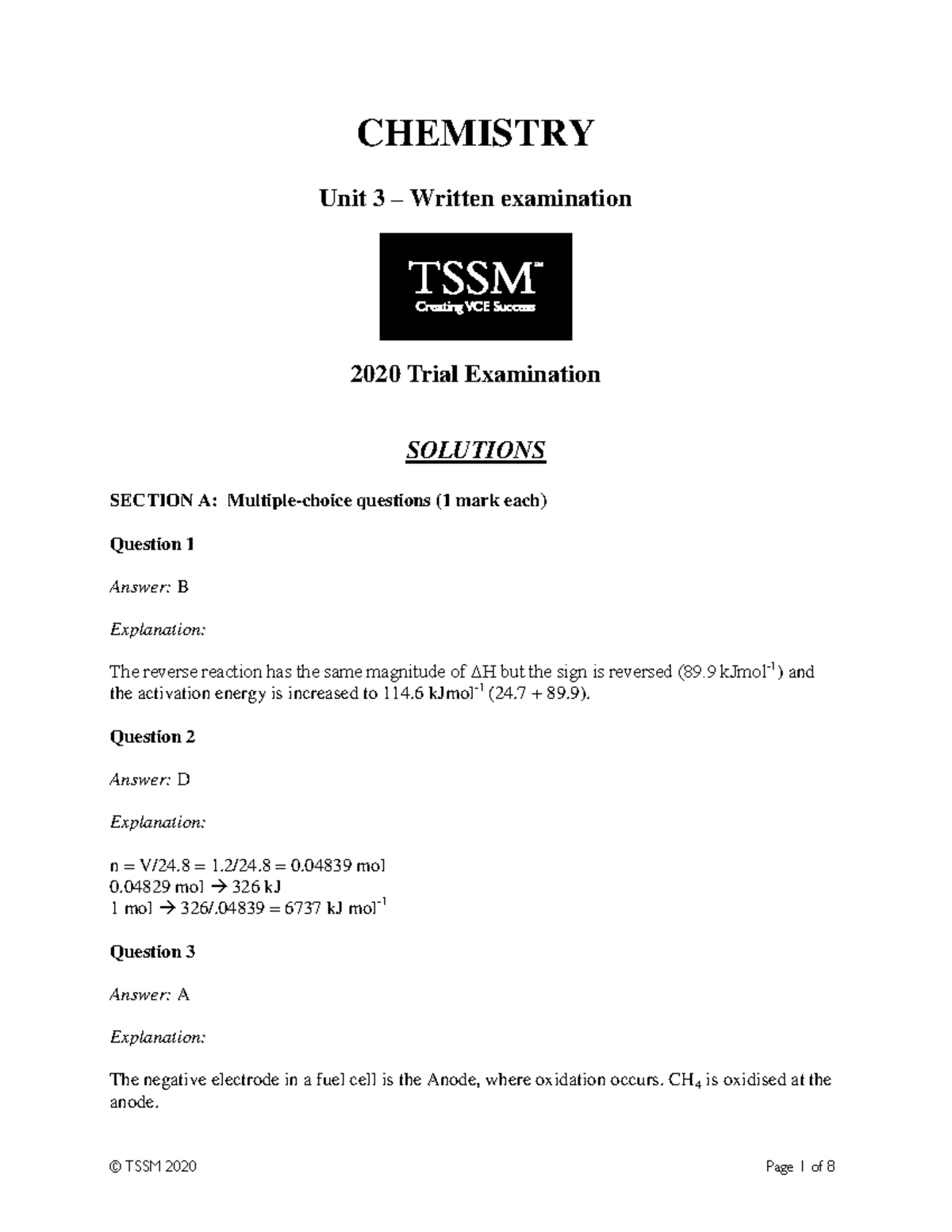 2020 tssm unit 3 solutions - CHEMISTRY Unit 3 – Written examination ...