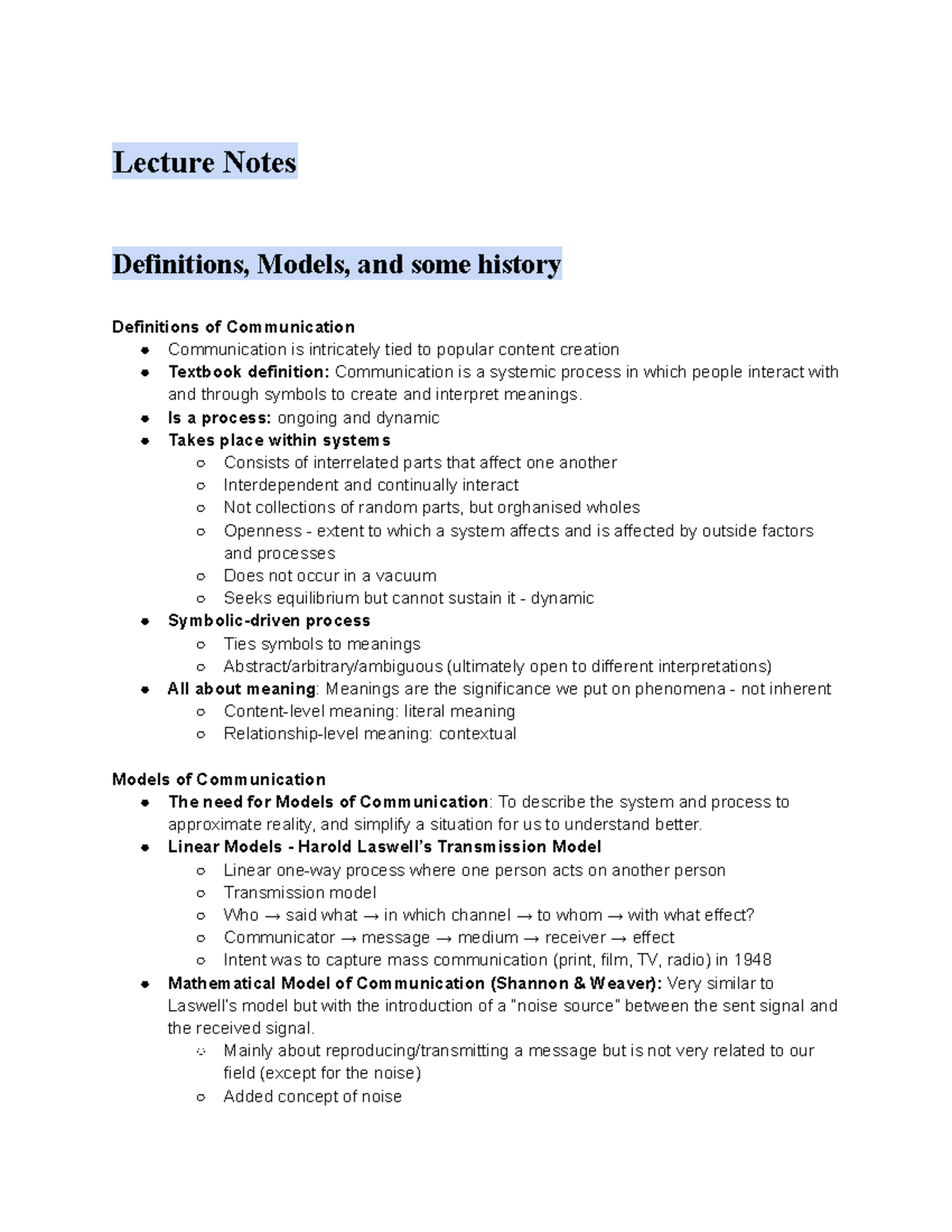CS0201 - Readings summaries - Lecture Notes Definitions, Models, and ...